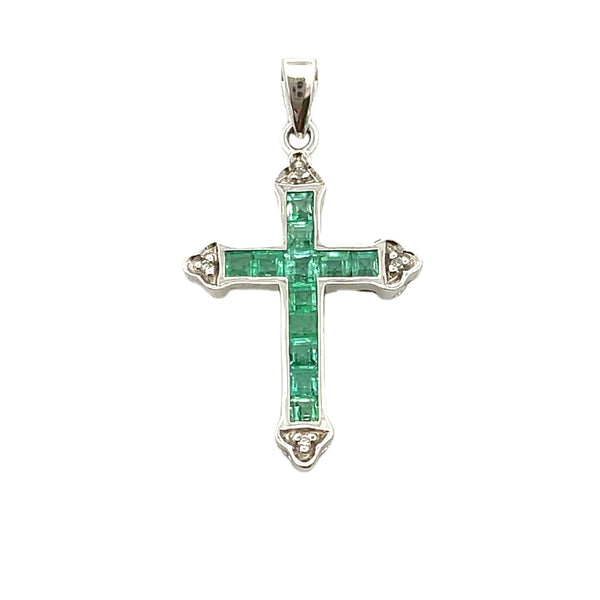 Emerald Diamond Cross Religious Pendant 10KT White Gold