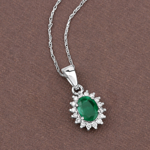 0.86 Carat Genuine Zambian Emerald and White Diamond 14K White Gold Pendant