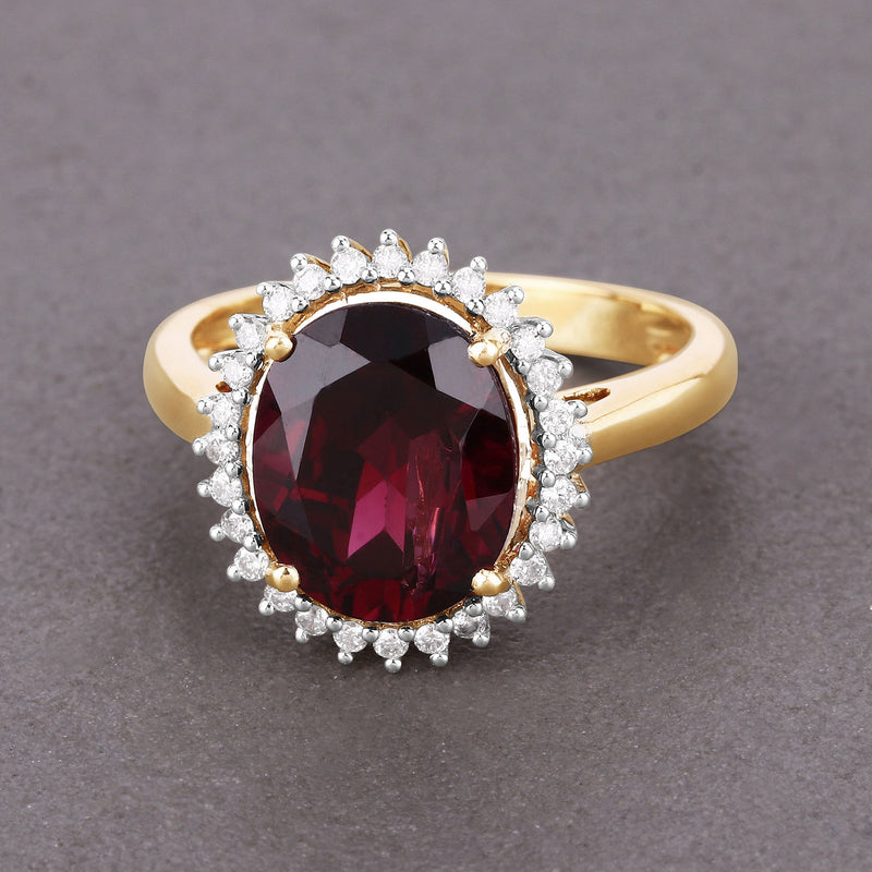 4.12 Carat Genuine Rhodolite and White Diamond 14K Yellow Gold Ring