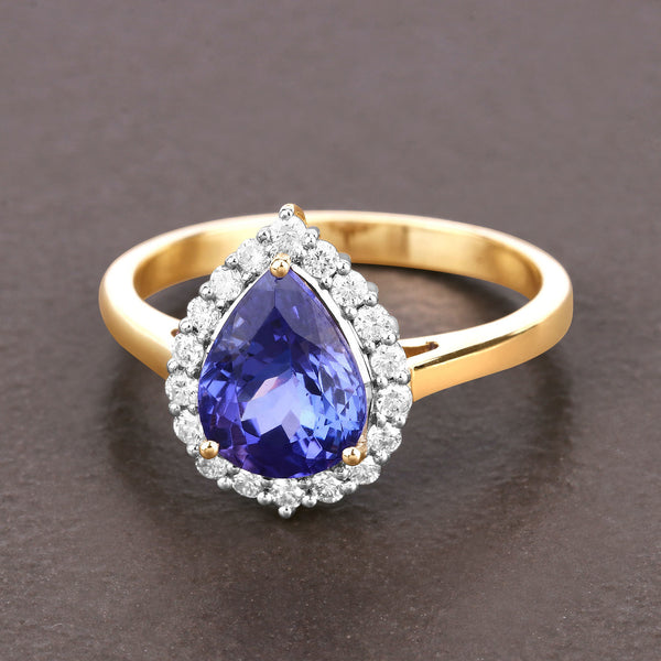 2.38 Carat Genuine Tanzanite and White Diamond 14K Yellow Gold Ring