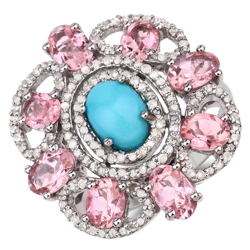 5.00 Carat Genuine Pink Tourmaline, Turquoise and White Diamond .925 Sterling Silver Ring