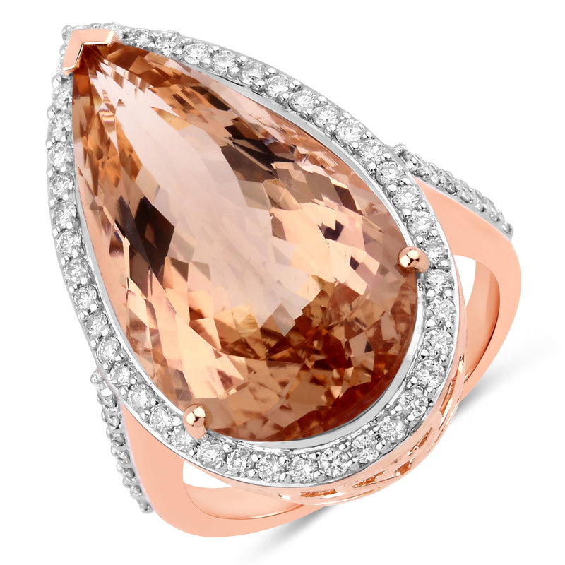 12.77 Carat Genuine Morganite and White Diamond 14K Rose Gold Ring