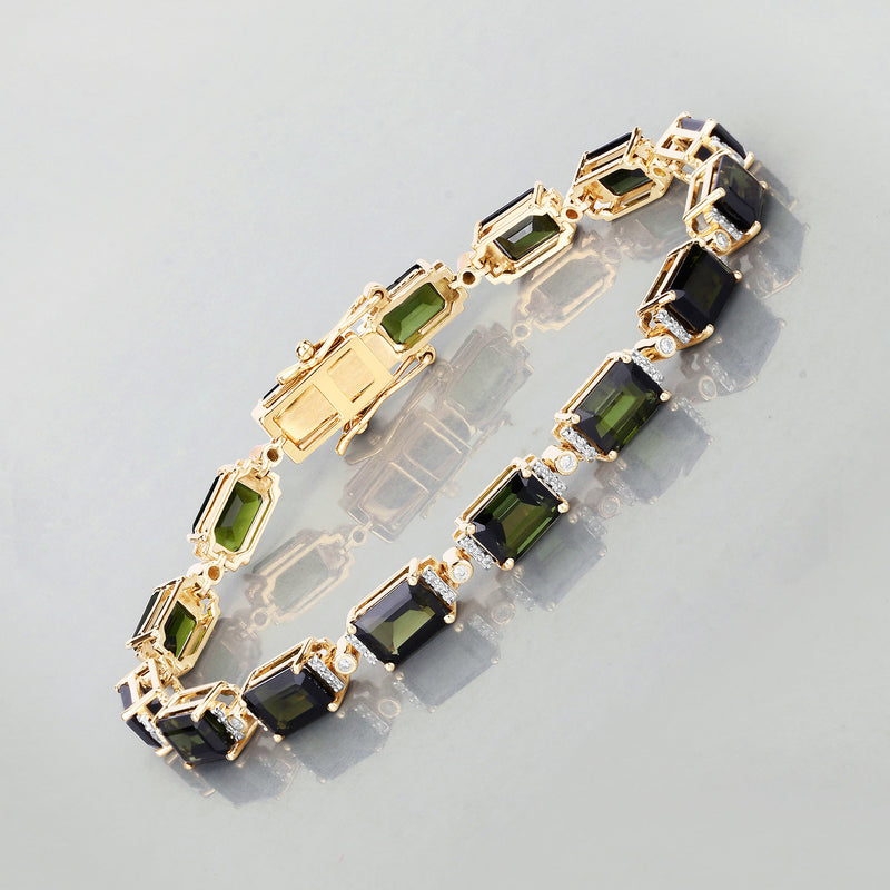 16.36 Carat Genuine Green Tourmaline and White Diamond 14K Yellow Gold Bracelet