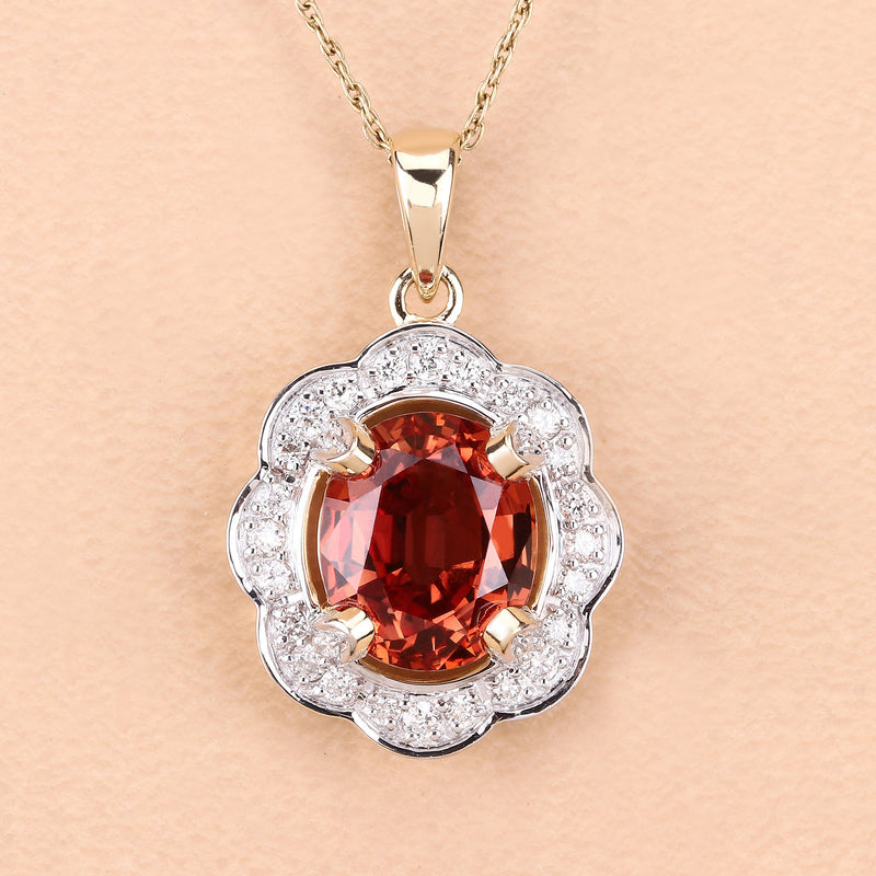 5.29 Carat Genuine Orange Sapphire and White Diamond 14K Yellow Gold Pendant