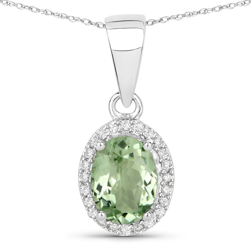 1.27 Carat Genuine Green Tourmaline and White Diamond 14K White Gold Pendant