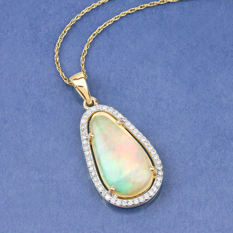 2.60 Carat Genuine Ethiopian Opal and White Diamond 14K Yellow Gold Pendant