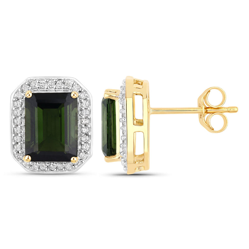 3.57 Carat Genuine Green Tourmaline and White Diamond 14K Yellow Gold Earrings