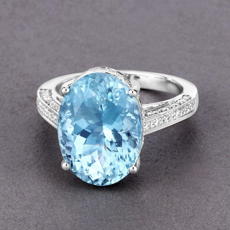 8.84 Carat Genuine Aquamarine and White Diamond 14K White Gold Ring