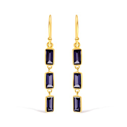 18K Yellow Gold 8x3 MM Bezel Set Purple Baguette Iolite Stiletto 1 1/2 Inch" Dangle Earrings