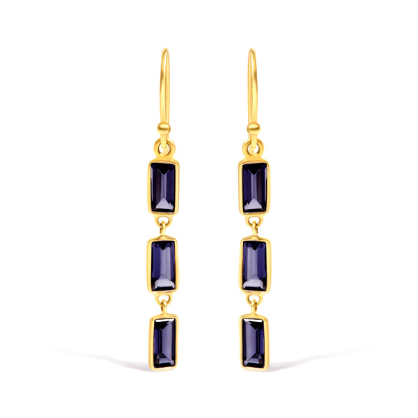 18K Yellow Gold 8x3 MM Bezel Set Purple Baguette Iolite Stiletto 1 1/2 Inch" Dangle Earrings