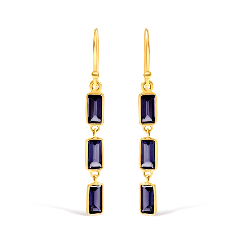 18K Yellow Gold 8x3 MM Bezel Set Purple Baguette Iolite Stiletto 1 1/2 Inch" Dangle Earrings