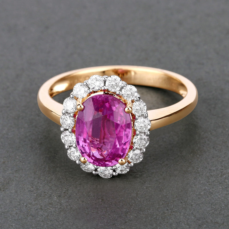 3.33 Carat Genuine Pink Sapphire and White Diamond 14K Yellow Gold Ring