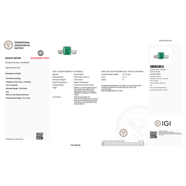 IGI Certified 3.11 Carat Genuine Zambian Emerald and White Diamond 14K White Gold Ring