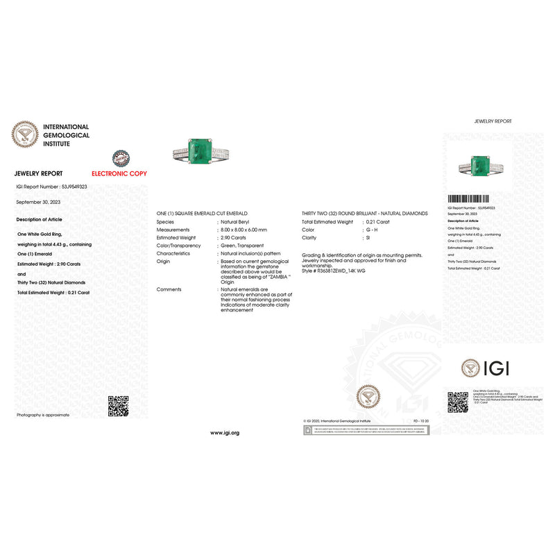 IGI Certified 3.11 Carat Genuine Zambian Emerald and White Diamond 14K White Gold Ring