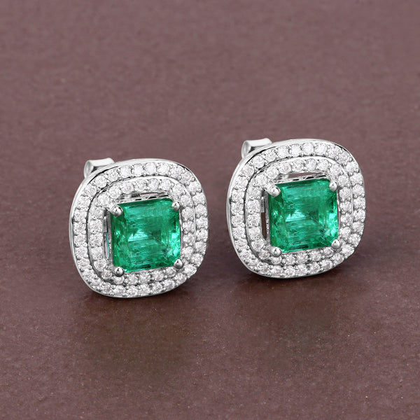 2.87 Carat Genuine Emerald and White Diamond 14K White Gold Earrings