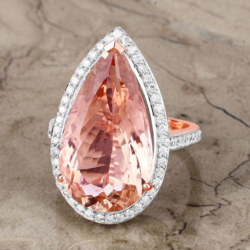 12.77 Carat Genuine Morganite and White Diamond 14K Rose Gold Ring