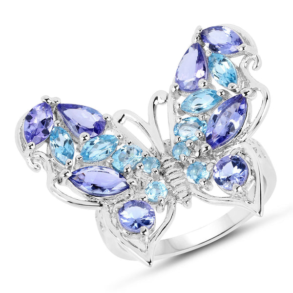 3.60 Carat Genuine Tanzanite and Swiss Blue Topaz .925 Sterling Silver Ring
