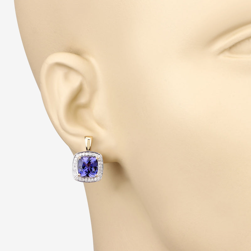 5.95 Carat Genuine Tanzanite and White Diamond 14K Yellow Gold Earrings