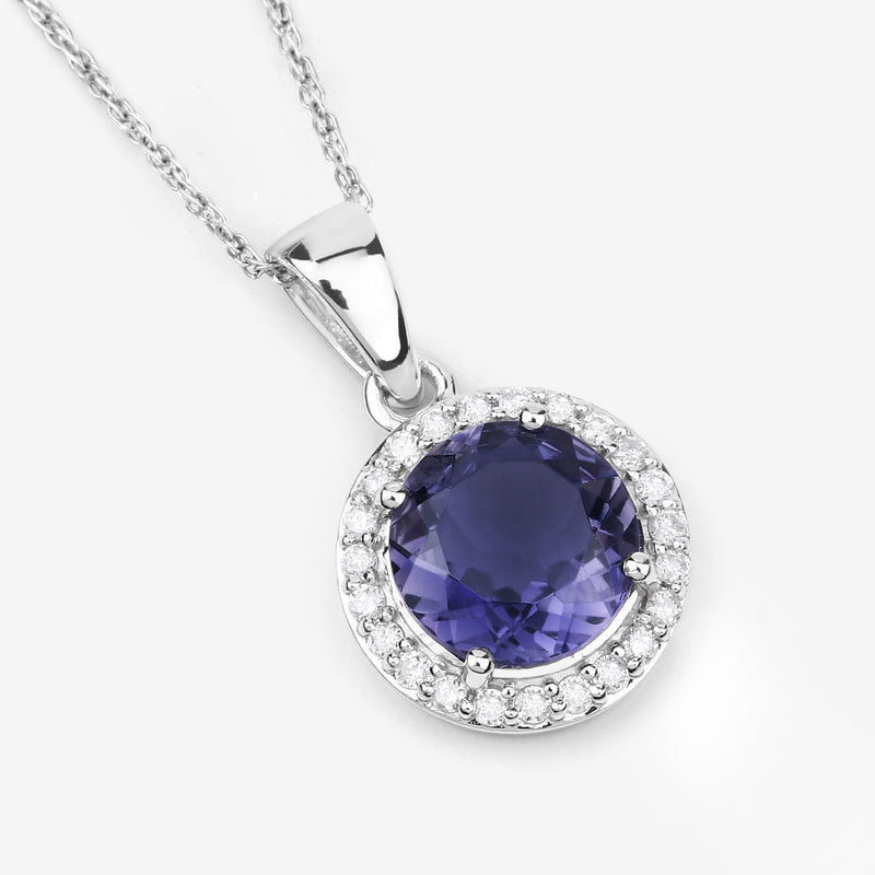 1.71 Carat Genuine Iolite and White Diamond 14K White Gold Pendant