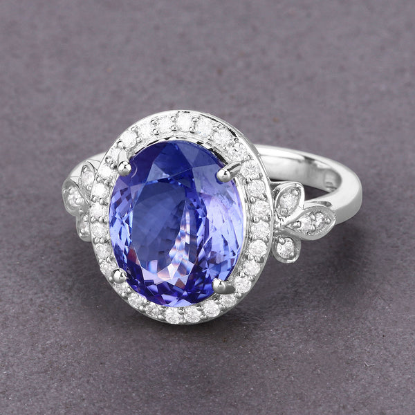 5.21 Carat Genuine Tanzanite and White Diamond 14K White Gold Ring