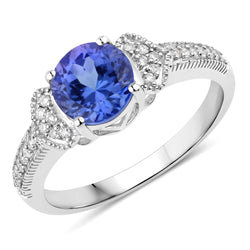 1.62 Carat Genuine Tanzanite and White Diamond 14K White Gold Ring