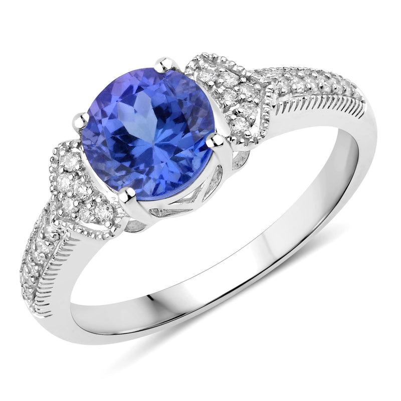 1.62 Carat Genuine Tanzanite and White Diamond 14K White Gold Ring