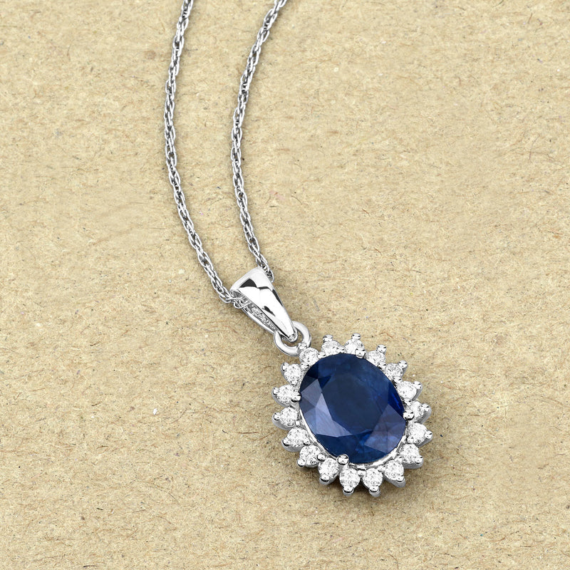 2.51 Carat Genuine Blue Sapphire and White Diamond 14K White Gold Pendant