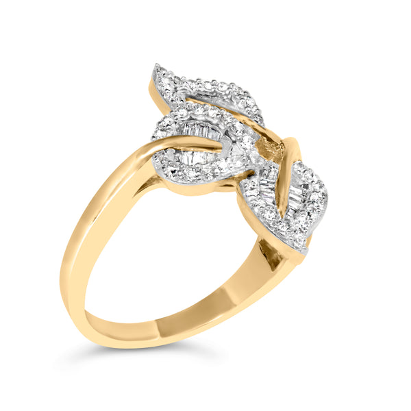 18K Yellow and White Gold Plated .925 Sterling Silver 3/8 Cttw Baguette and Round Diamond Bypass Triple Leaf Ring (I-J Color, I1-I2 Clarity) - Size 7