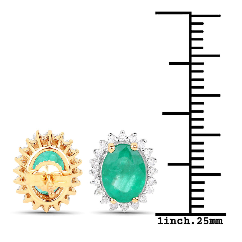 2.66 Carat Genuine Zambian Emerald and White Diamond 14K Yellow Gold Earrings