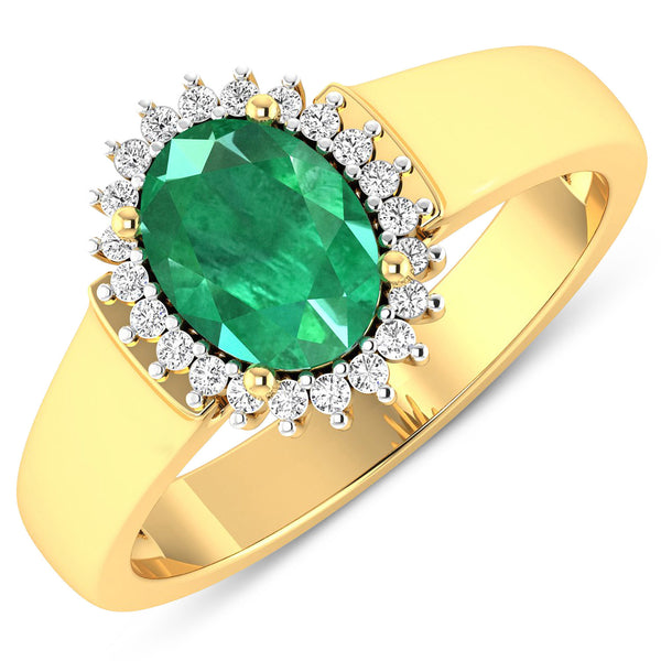 1.31 Carat Genuine Zambian Emerald and White Diamond 14K Yellow Gold Ring