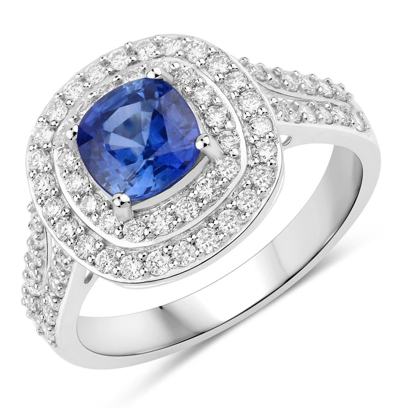 1.96 Carat Genuine Blue Sapphire and White Diamond 18K White Gold Ring