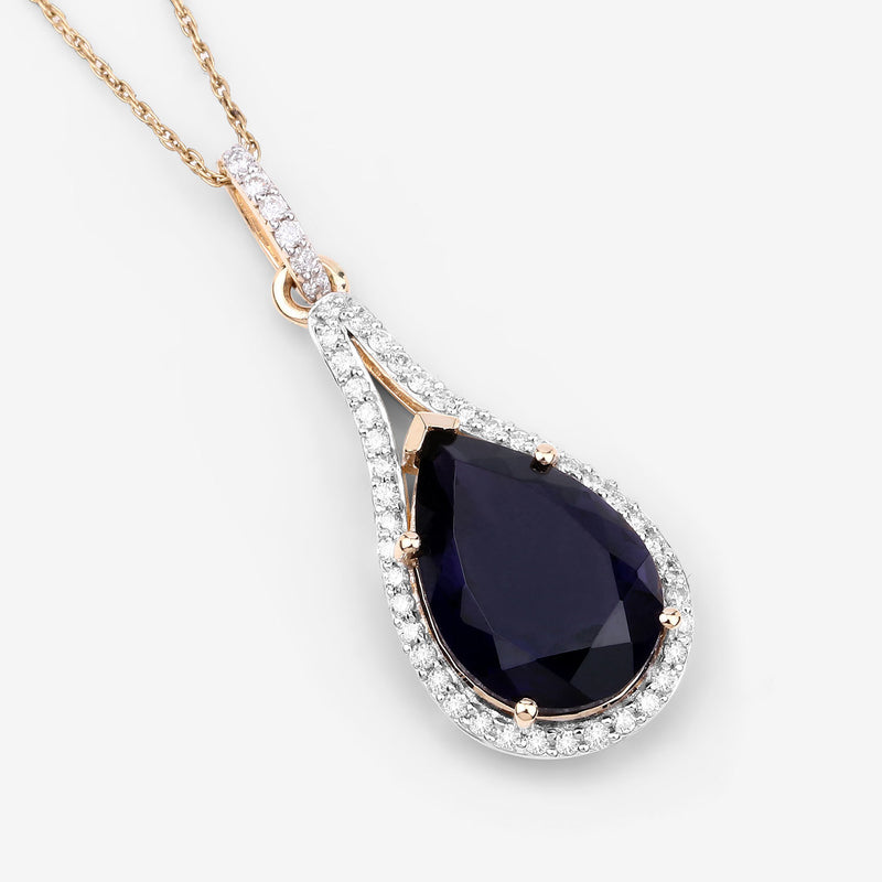 5.42 Carat Genuine Iolite and White Diamond 14K Yellow Gold Pendant