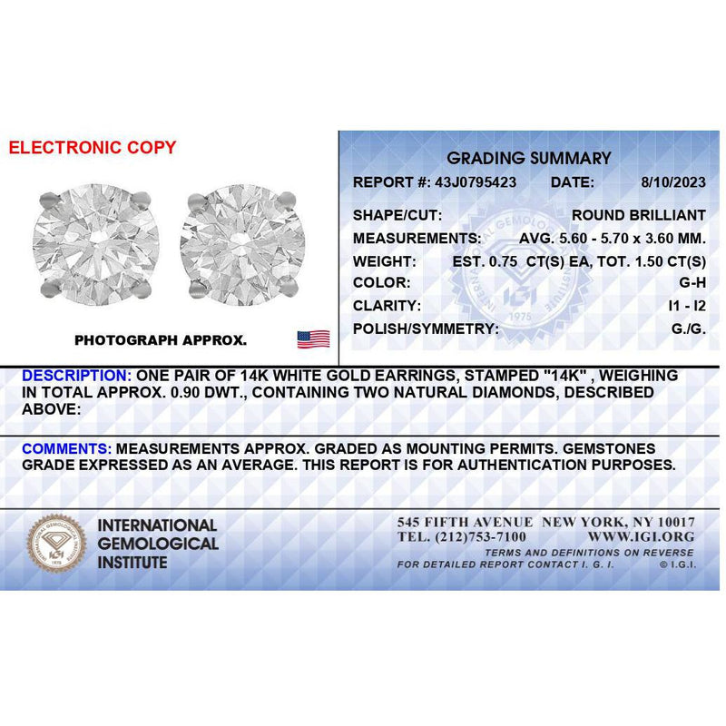 IGI Certified 14K White Gold 1 1/2 Cttw Round Diamond Solitaire Stud Earrings with Screwbacks (G-H Color, I1-I2 Clarity)