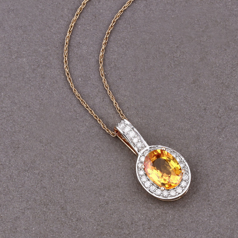 1.80 Carat Genuine Yellow Sapphire and White Diamond 14K Yellow Gold Pendant