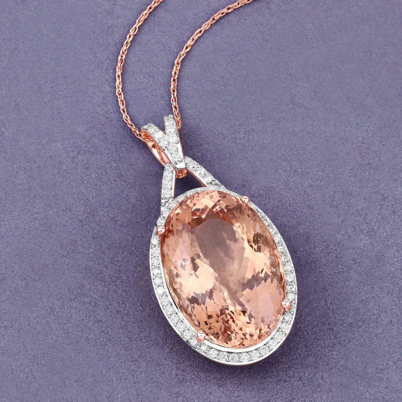 25.57 Carat Genuine Morganite and White Diamond 14K Rose Gold Pendant