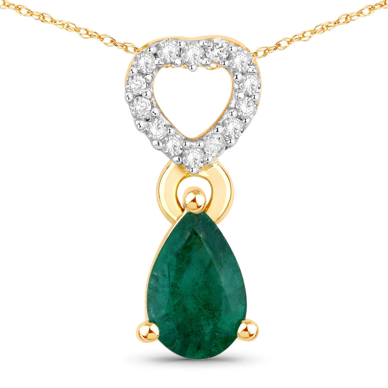 0.39 Carat Genuine Zambian Emerald And White Diamond 10K Yellow Gold Pendant