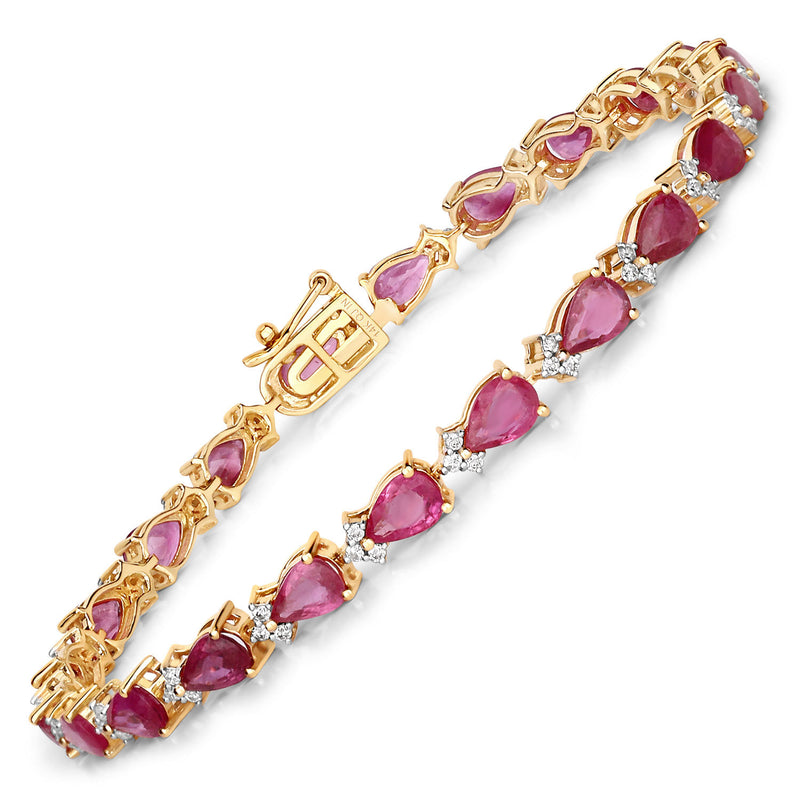 9.33 Carat Genuine Ruby and White Diamond 14K Yellow Gold Bracelet