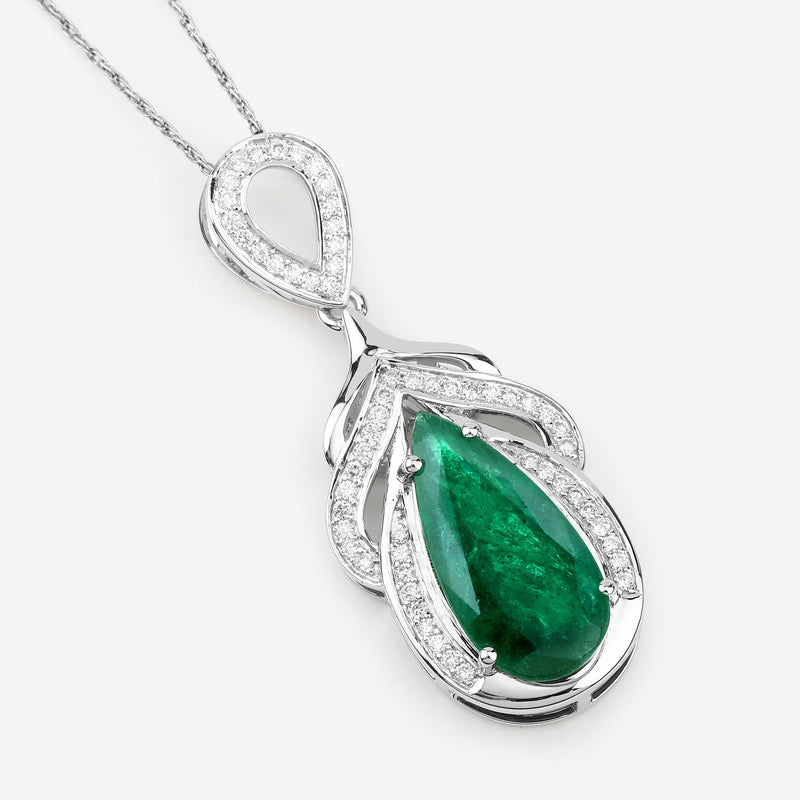 IGI Certified 4.14 Carat Genuine Zambian Emerald and White Diamond 14K White Gold Pendant