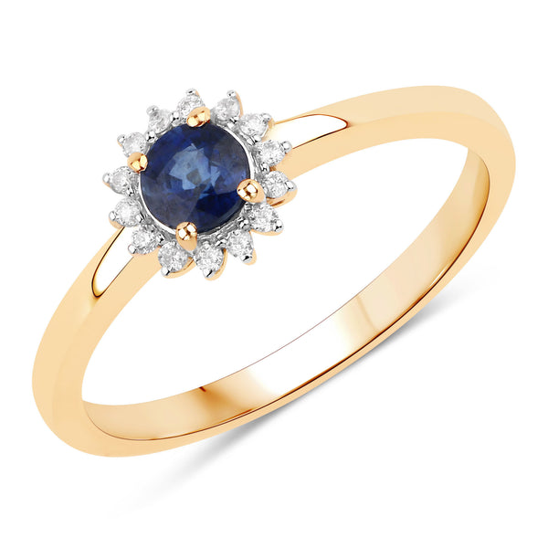 0.47 Carat Genuine Blue Sapphire and White Diamond 14K Yellow Gold Ring