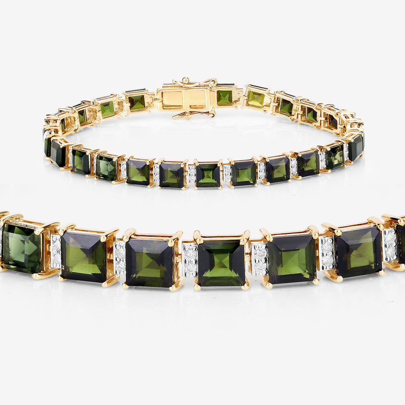 17.75 Carat Genuine Green Tourmaline and White Diamond 14K Yellow Gold Bracelet