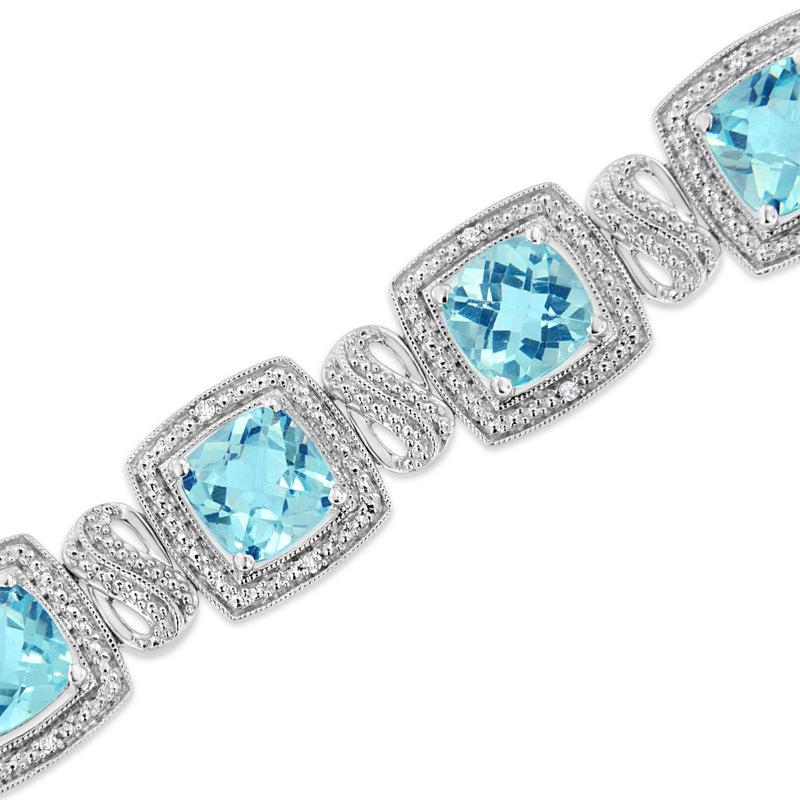 .925 Sterling Silver 7x7 mm Cushion Cut Blue Topaz and 1/10 Ctw Single Cut Diamond Square Shape Tennis Bracelet (I-J Color, I1-I2 Clarity) - 7"