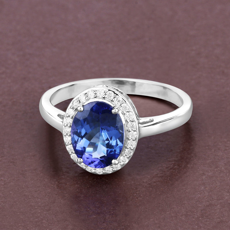 2.04 Carat Genuine Tanzanite and White Diamond 14K White Gold Ring