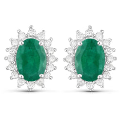 1.72 Carat Genuine Zambian Emerald and White Diamond 14K White Gold Earrings