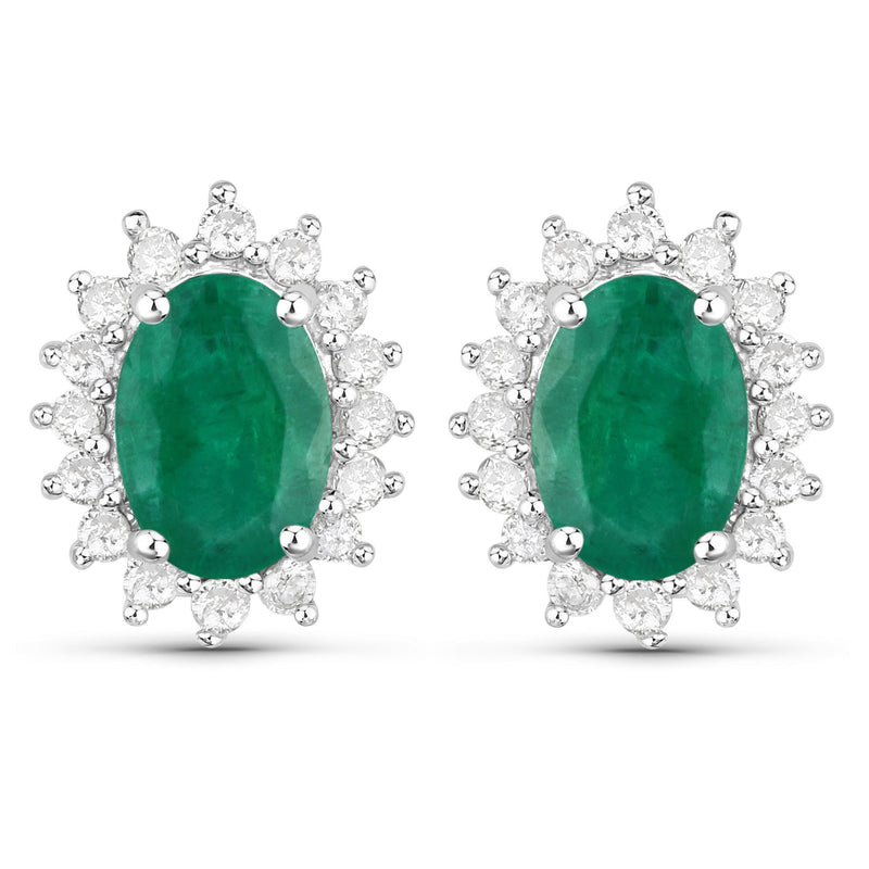 1.72 Carat Genuine Zambian Emerald and White Diamond 14K White Gold Earrings