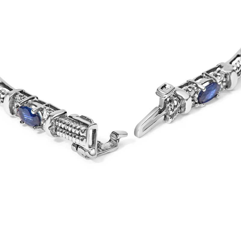 14K White Gold 1/2 Cttw Diamond & Oval Blue Sapphire Braided Link Bracelet (G-H Color, VS1-VS2 Clarity) - 7" Inches