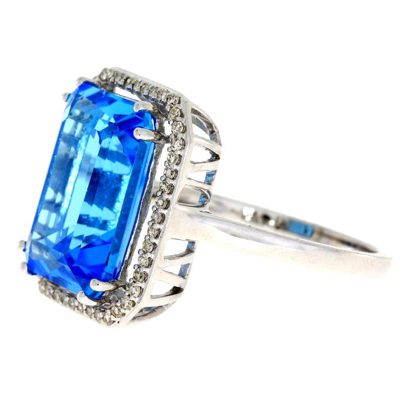 Natural 9.45ct Blue Topaz Diamond Ring 14KT White Gold