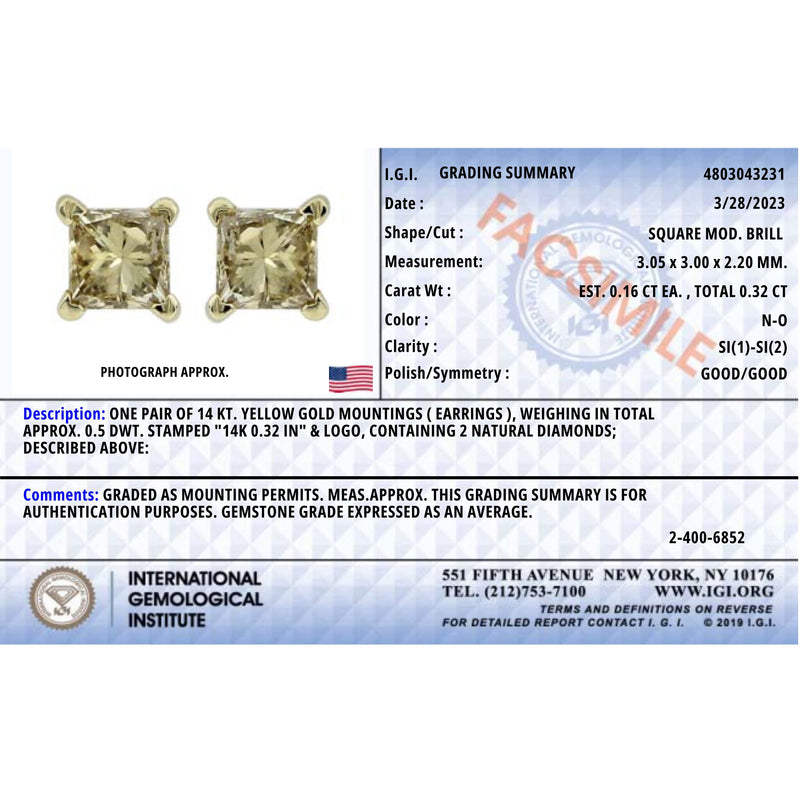 IGI Certified 14k Yellow Gold 1/3 cttw 4-Prong Set Princess-Cut Solitaire Diamond Push Back Stud Earrings (N-O Color, SI1-SI2 Clarity)