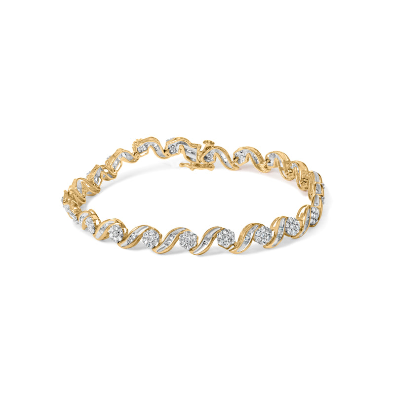 10K Yellow Gold 2.00 Cttw Round-Cut and Baguette-Cut Diamond Floral Design Swirl Link 7" Bracelet (I-J Color, I1-I2 Clarity)