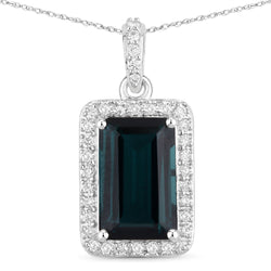 3.55 Carat Genuine Green Tourmaline and White Diamond 14K White Gold Pendant