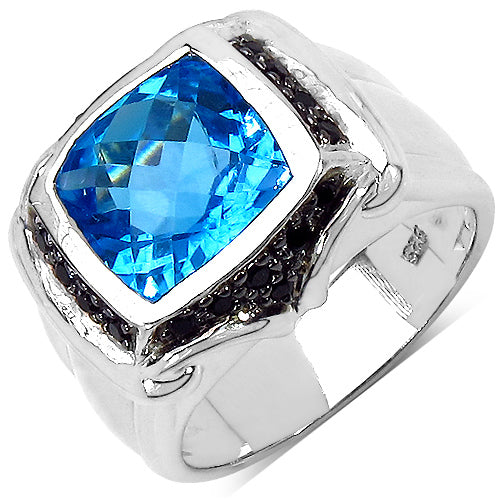 5.08 Carat Genuine Swiss Blue Topaz and Black Spinel .925 Sterling Silver Ring